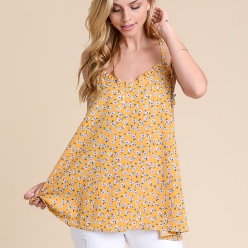 Yellow & White Floral Ruffle Trim Tank Top - Picture 5 of 8